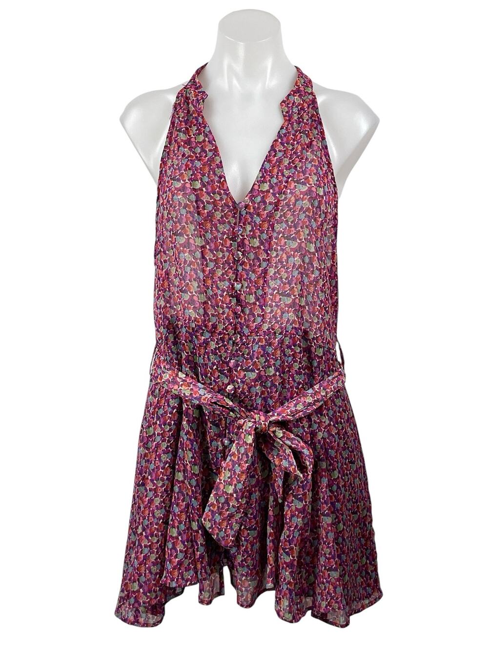 Zara Women's Pink Floral Sleeveless Tie Waist Sheer Halter A-line Mini Dress XL